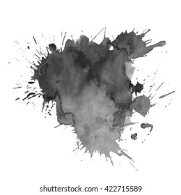 Gray watercolor spot with droplets, smudges, stains, splashes. Grayscale blot in grunge style. 