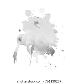 Gray watercolor spot with droplets, smudges, stains, splashes. Grayscale blot in grunge style.