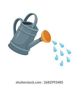 Regadera gris con boquilla naranja vertiendo gotas de agua en una ilustración de estilo de dibujos animados.