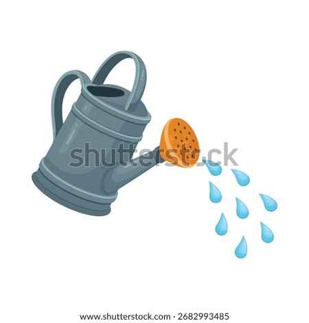 Gray watering can with orange nozzle pouring water droplets in a cartoon style illustration.