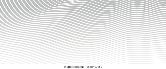 Gray wavy line background with a smooth gradient. The background features a flowing pattern with gray and white, creating a serene texture. Modern wavy line pattern background. Gray background vector.