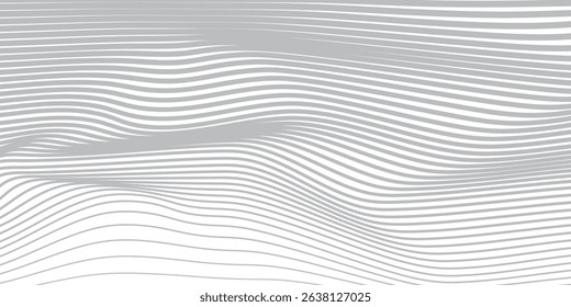 Gray wavy line background with a smooth gradient. The background features a flowing pattern with gray and white, creating a serene texture. Modern wavy line pattern background. Gray background vector.