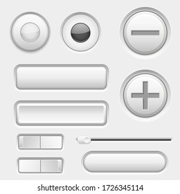 Gray web buttons. Push buttons, toglle switch buttons and sliders. Vector 3d illustration