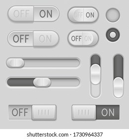 Gray web buttons. Push buttons, toglle switch buttons and sliders. Vector 3d illustration