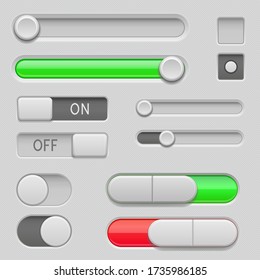 Gray web buttons. Push buttons, toglle switch buttons and sliders. Vector 3d illustration
