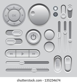 Gray Web UI Elements Design. Elements: Buttons, Switches, Sliders
