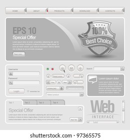 Gray Website Design Elements: Buttons, Form, Slider, Scroll, Icons, Tab, Menu, Navigation Bar