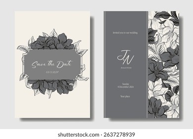 Gray wedding invitation with ornamental magnolia flower, two concepts for flexibility usage