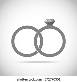 Gray wedding rings icon in flat design. Rings with diamond isolated on light background. Vector illustration.