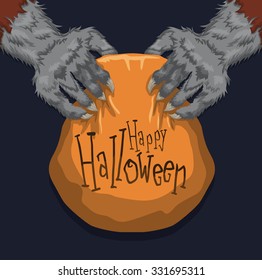 Gray werewolf hands holding a candy basket wishing you happy Halloween.