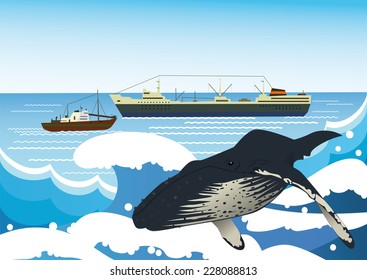 Gray whale on a background of ocean waves and whalers.