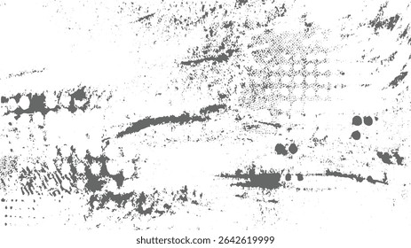 Fundo abstrato cinza e branco com uma textura grunge angustiada com efeitos de pintura splatter. A composição é manchada com formas e manchas irregulares.