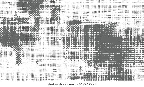 Gray and white abstract background featuring irregular geometric patterns a distressed effect and a mix of grid and dotted elements creating a complex visual texture.