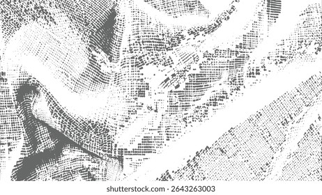 Fundo abstrato cinza e branco com um padrão pontilhado irregular criando um efeito manchado que se assemelha a tecido. Elementos de design girando adicionam interesse visual.