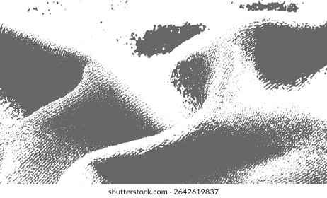 Textura de tecido abstrato cinza e branco com dobras e rugas visíveis. A imagem apresenta um efeito angustiado com manchas de tinta. A paleta em tons de cinza cria uma atmosfera de humor.