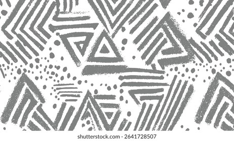 Gray and white abstract geometric pattern featuring textured triangles lines and dots The design is seamless and repeats creating a modern minimalist aesthetic