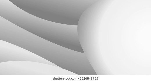 Ein abstraktes Grau-Weiß-Bild von gekrümmten Formen und weichem Licht.