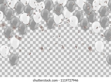 Gray and white balloons with copyspace isolated on transparent background. Flying latex ballons. Vector illustration.