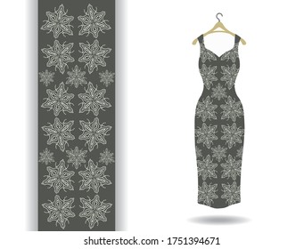 Ilustración de batik gris y blanco, vestido de mujer en una percha, patrón de línea sin costura dibujado a mano, tejido que repite textura, adorno étnico tribal, elementos para invitación o diseño de tarjetas de felicitación.