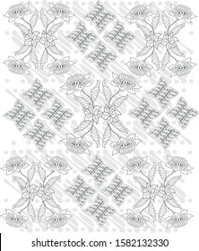 Gray White Batik Indonesia With Flower.