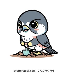 Gray and white bird with yellow beak and feet digging in the ground with a small shovel yellow feet