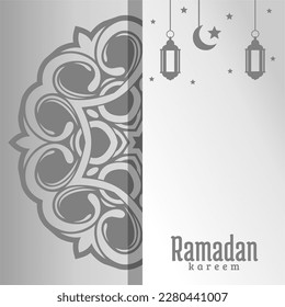 A gray and white card with a light and a crescent moon and the text ramadan kareem.