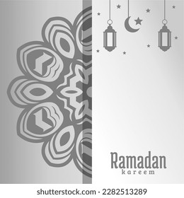 A gray and white card with a light and a crescent moon and the text ramadan kareem.