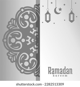 A gray and white card with a light and a crescent moon and the text ramadan kareem.