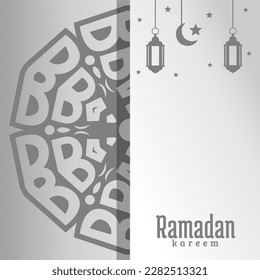 A gray and white card with a light and a crescent moon and the text ramadan kareem.