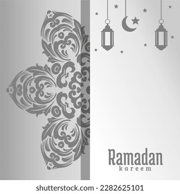 A gray and white card with a light and a crescent moon and the text ramadan kareem.