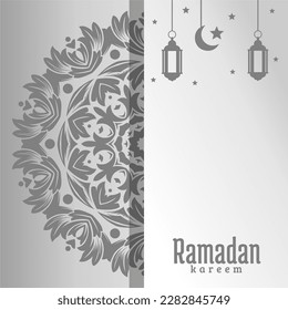 A gray and white card with a light and a crescent moon and the text ramadan kareem.