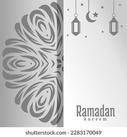A gray and white card with a light and a crescent moon and the text ramadan kareem.