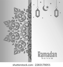 A gray and white card with a light and a crescent moon and the text ramadan kareem.