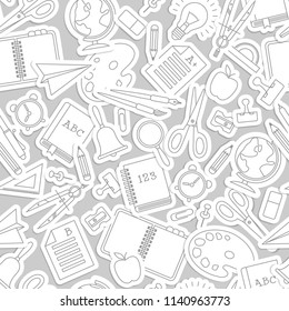 Gray and white cartoon seamless pattern with isolated school accessories on fond vector illustration