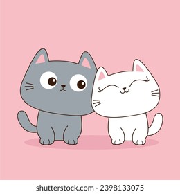 Juego de gatos blancos grises. Feliz Día de San Valentín. La pareja de amor está sentada gatitos. Caricatura graciosa del personaje de gatito. Un animal kawaii enamorado. Doodle de línea de contorno. Tarjeta de felicitación. Diseño plano Vector de fondo rosado