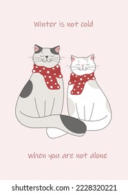 Graue und weiße Katzen sitzen zusammen in roten Schals.
Haustiere verliebt. Winterromantische Illustration süßer kleiner Tiere für Weihnachtsferien