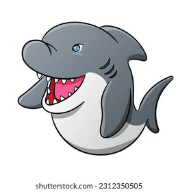 Gray and white cute fat cartoon shark open mouth smiling sly face vector illustration