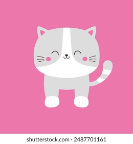 Gato kawaii lindo blanco gris de pie. Gracioso bebé gatito. Cara sonriente. Feliz Día de San Valentín. Animales gatitos de dibujos animados. Tarjeta de amor, Anuncio, impresión de la etiqueta. Estilo infantil. Diseño plano. Fondo rosa. Vector