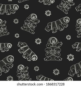 Gray white cute Tardigrade, water bears or moss piglets vector repeat seamless pattern. Chalk on blackboard effect