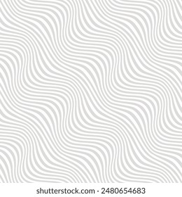 Gray and white diagonal wavy lines seamless pattern. Subtle vector abstract liquid stripes background. Simple groovy texture with diagonal waves, fluid shapes. Funky repeated design for decor, print