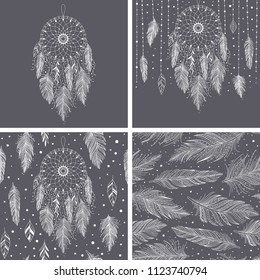 Gray and white feathers and dreamcatchers, set of cards and seamless pattern with floral details, vector illustration boho design, can be used for invitation, postcard.