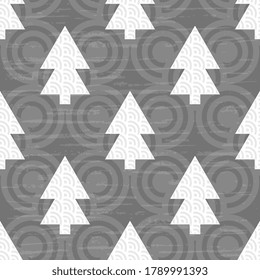 Gray and white festive winter holidays design. Seamless vector illustration with Christmas trees for tile, wrapper, cover, textile, linen, postcard, wallpaper.