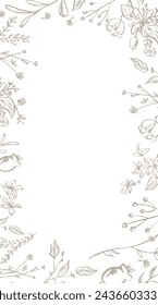 Gray and white floral frame with herbs and wild flowers. Doodle design. Vector vertical illustration