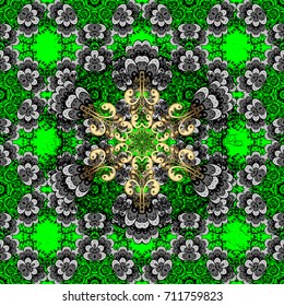 Gray and white floral ornament in baroque style. Floral wallpaper. Damask background. White element on green background.