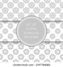 Gray and white floral seamless backgrounds. Compilation of patterns. Vector illustration