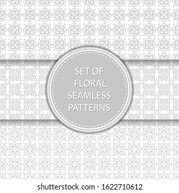 Gray and white floral seamless backgrounds. Compilation of patterns. Vector illustration