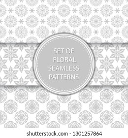 Gray and white floral seamless patterns. Compilation of designs with flowers