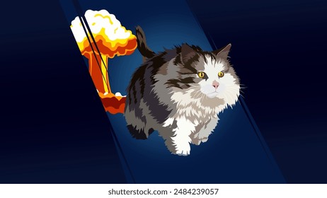 A gray and white fluffy cat walks away from the explosion with a pomp and pride. Meme. The drawing conveys admiration, surprise, pathos, courage, coolness, laughter.