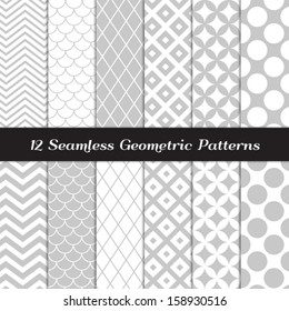 Gray and White Geometric  Patterns. Retro Mod Backgrounds in Jumbo Polka Dot, Diamond Lattice, Scallops, Quatrefoil and Chevron Patterns. Pattern Swatches made with Global Colors.