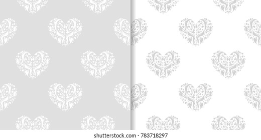 Gray and white hearts as seamless patterns. Set of romantic backgrounds. Vector illustration